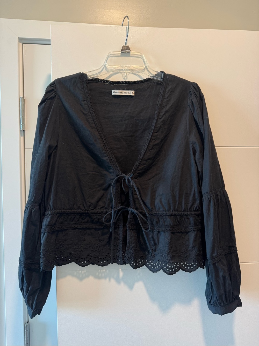 Abercrombie & Fitch Black Eyelet Tie-Front Peasant Top